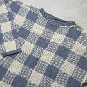 Vintage SWAK Made USA Blue White Checkered Knit Sweater Boxy XL 80s
